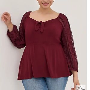 Torrid size 2 Burgundy Peplum Rayon Crepe sleeve top front tie bow